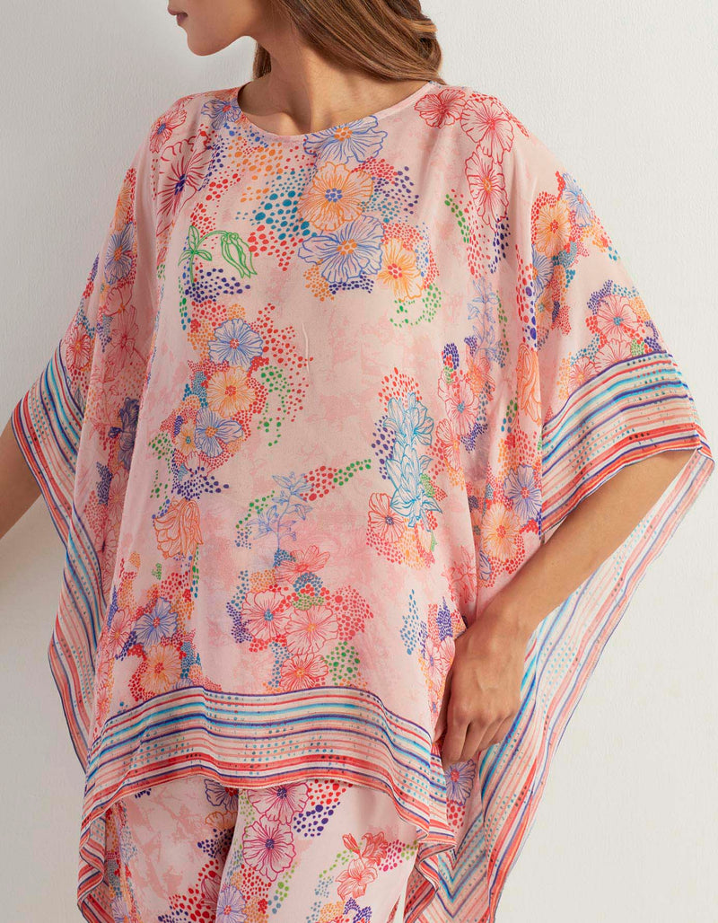 Printed Poncho Top With Heavy Georgette Pants