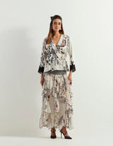 Saaya Wrap Top With Lace Detail And Ruffle Printed Skirt With Stretch Waist Band