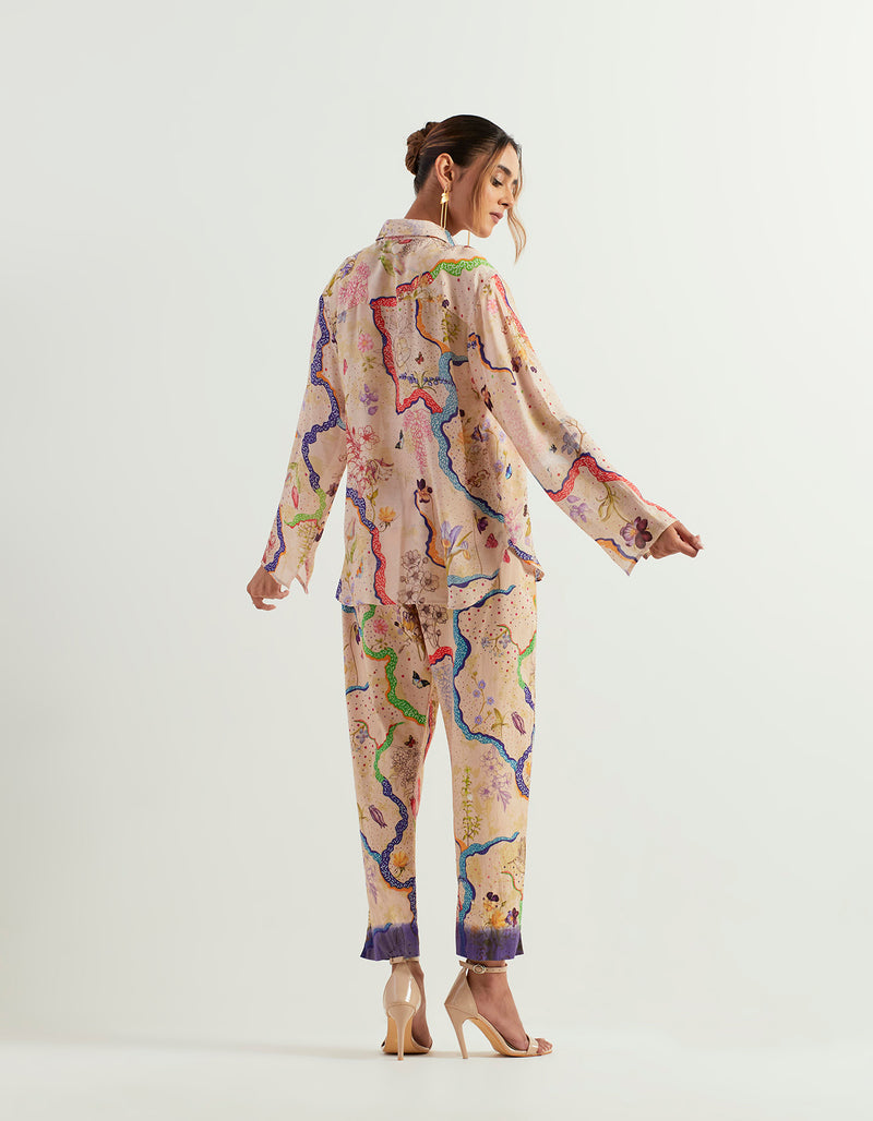 Eclectic Printed Silk Shirt With Stretch Pants