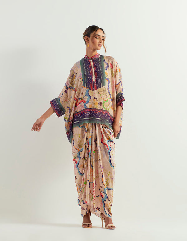 Eclectic Printed Loose Top With Drape Skirt