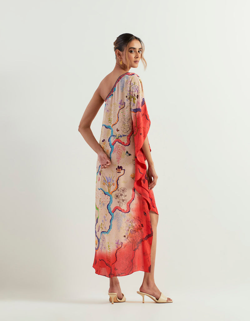 Eclectic Printed One Shoulder Tie Dye Kaftan Dress