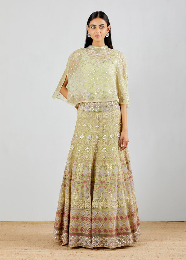 Sage Green Hand Embroidered Cape In With Gota Patti Embrodered Skirt