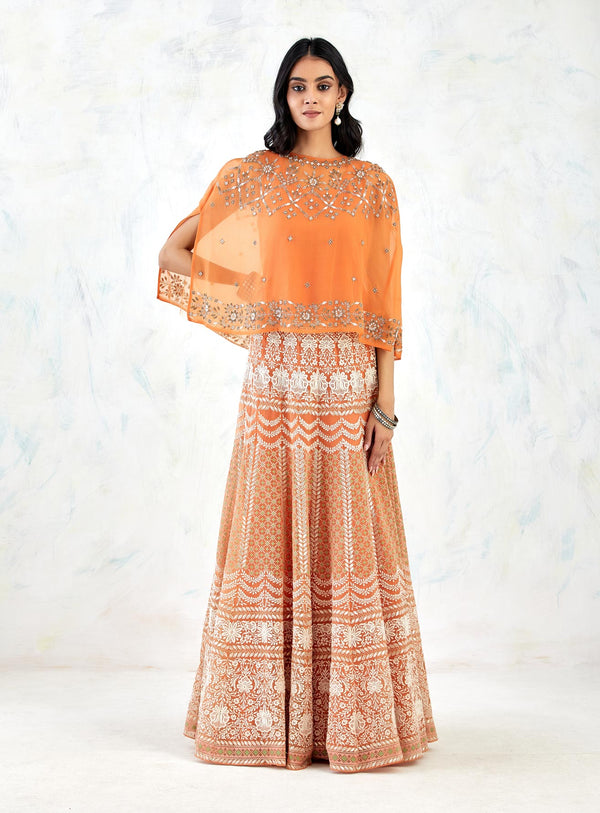 Orange Cape With Skirt with Chikankari With Cross Stitch Embroidery