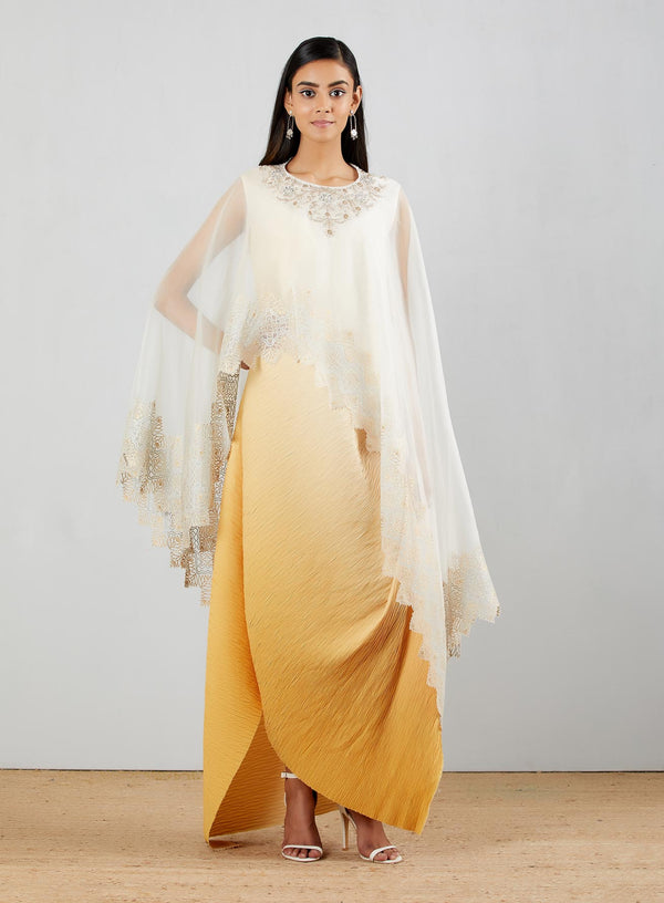 Ivory Yellow Shaded Crinkle Crepe Dress With Hand Block Printed Cape