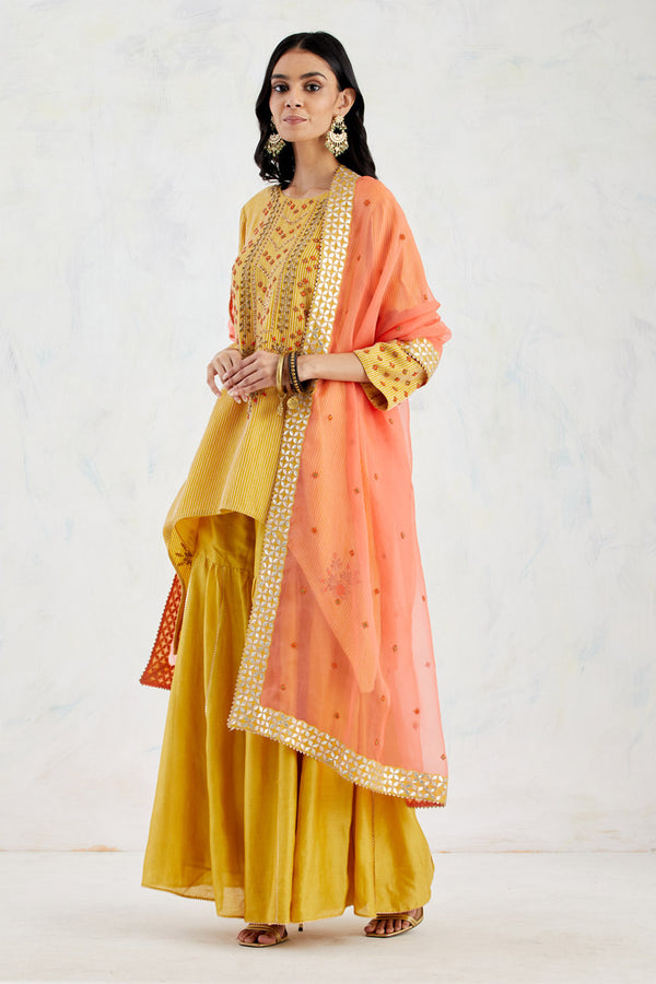 Chanderi Silk Kurti And Sharara In Intricate Colourful Bead Work Embroidery Paired With Tangerine Organza Silk Dupatta