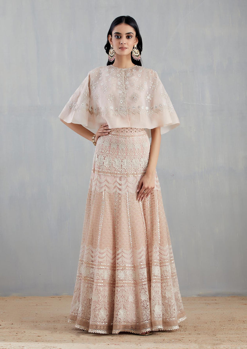 Nude Pink Embroidered Cape with Skirt