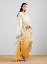 Ivory Yellow Shaded Crinkle Crepe Dress With Hand Block Printed Cape