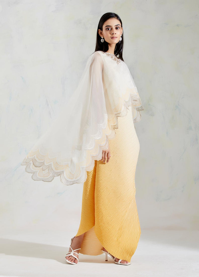 Ivory and Yellow Organza and Crinkle Crepe Cape and Dress