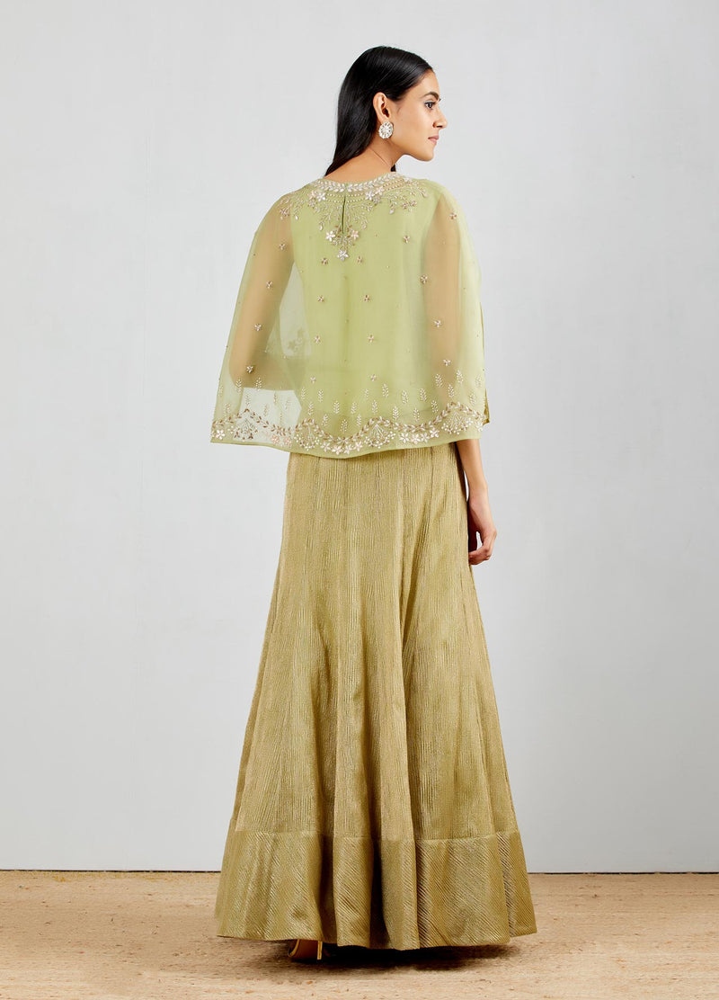 Sage Green Ape With Gold Textured Paneled Skirt