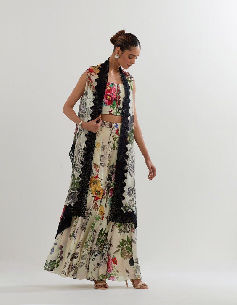 Multi Coloured Botanical Cape With Bustier And Sharara