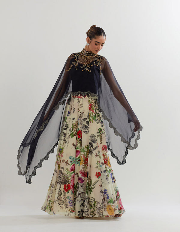 Multi Coloured Botanical Cape With Inner And Sharara