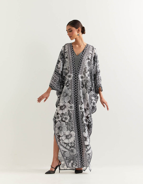 Black and White Kaftan Dress In Cotton
