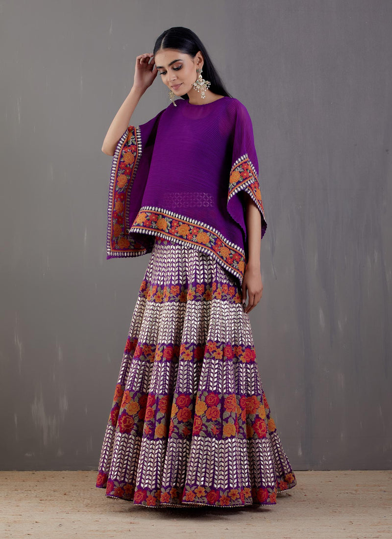 Purple Crinkle Georgette Kaftan Top With Embroidered Skirt