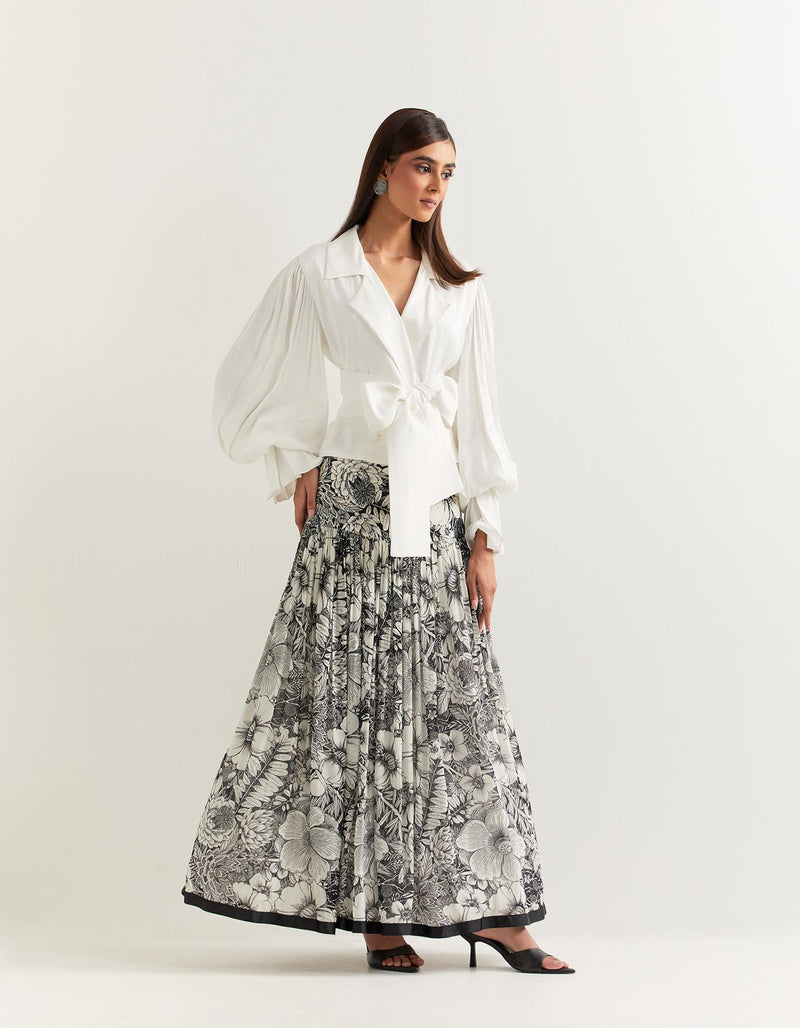 White Top With a Black and White Skirt In Satin with Georgette