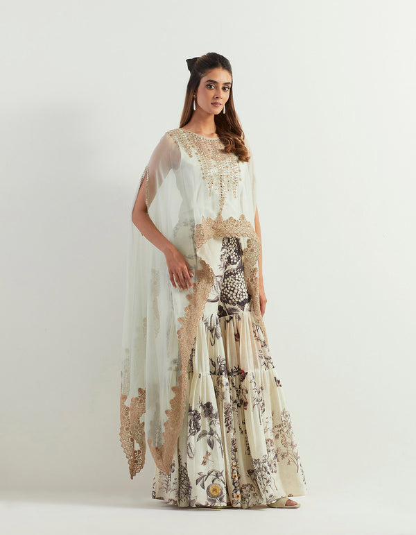 Saaya Printed Chanderi Pants Paired With Organza Silk Hand Embroidery Cape And Steretch Inner