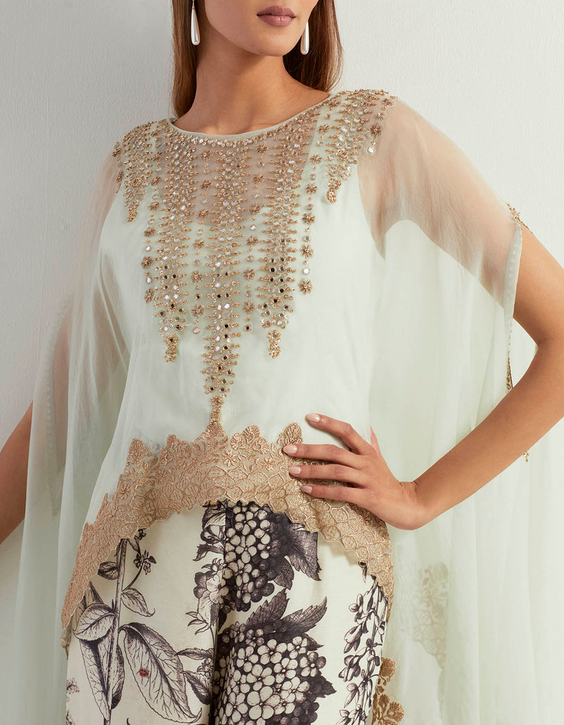 Saaya Printed Chanderi Pants Paired With Organza Silk Hand Embroidery Cape And Steretch Inner