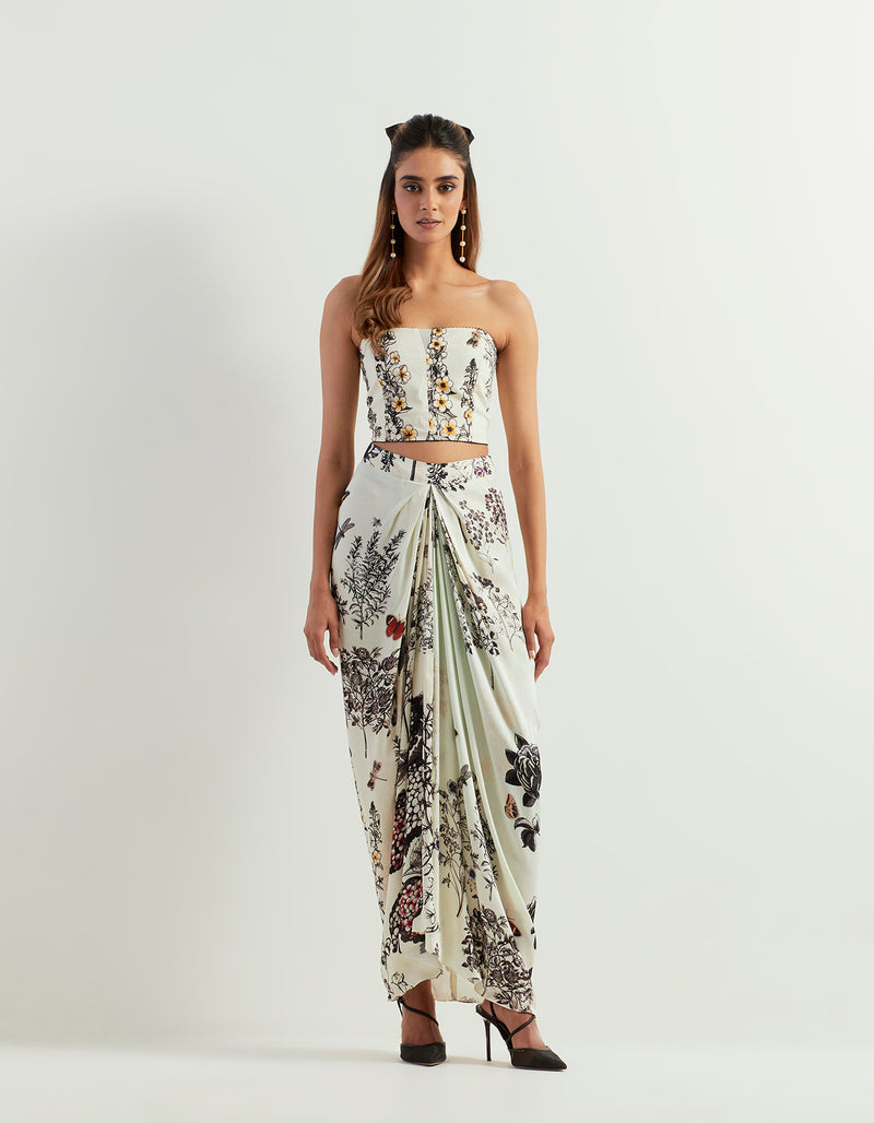 Saaya Printed Cape With Lace Borders Paired With Stretch Bustier And Drape Skirt In Satin