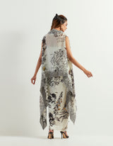 Saaya Printed Cape With Lace Borders Paired With Stretch Bustier And Drape Skirt In Satin