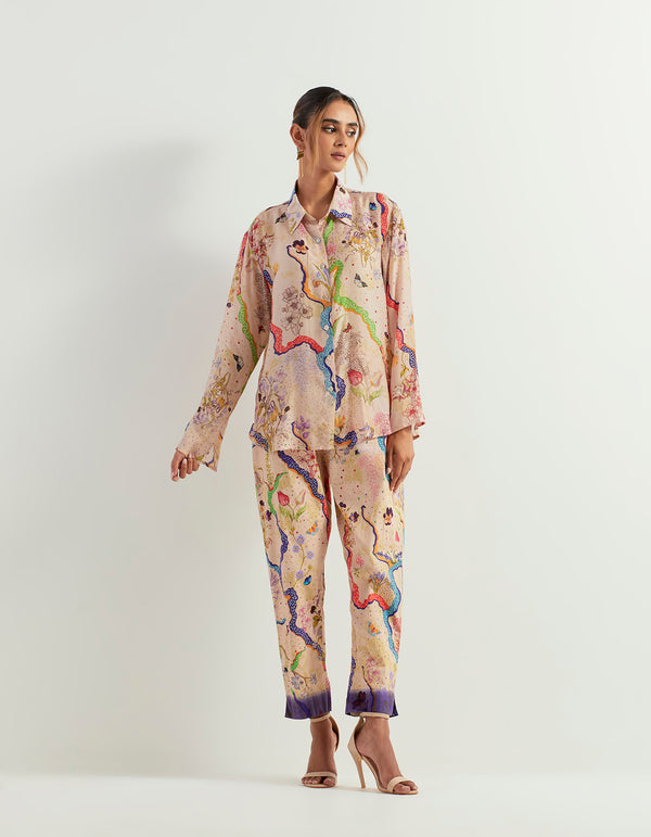 Eclectic Printed Silk Shirt With Stretch Pants