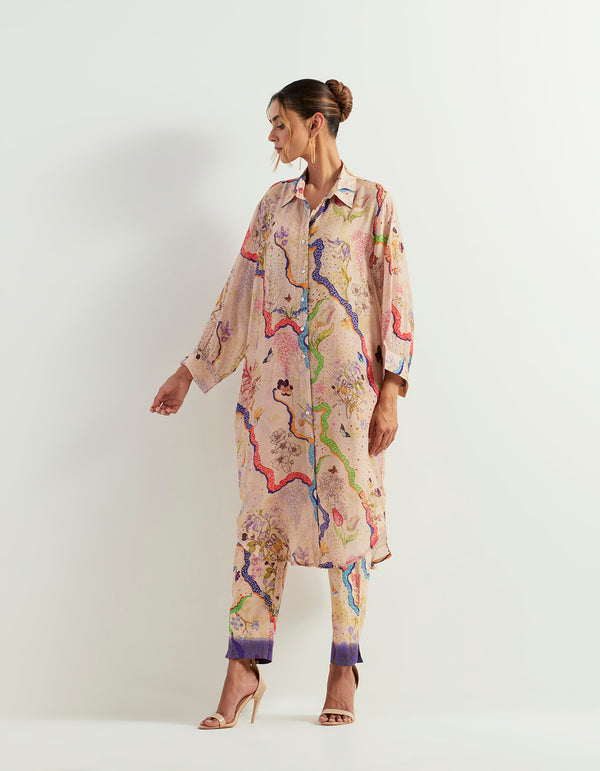 Eclectic Printed Long Shirt Tunic And Stretch Pants