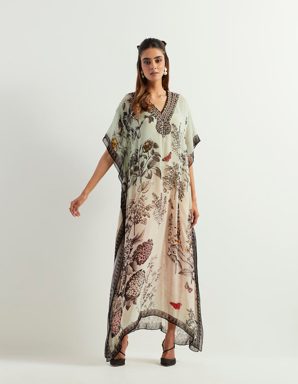 Saaya Shaded Kaftan With Resham And Mirror Work Embroidered Neckline