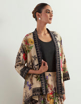 Organza Botanical Printed Skirt Paired With Stretch Inner And Chanderi Silk Cape