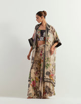 Long Cape Paired With Stretch Tube Top And Flaired Sharara Pants