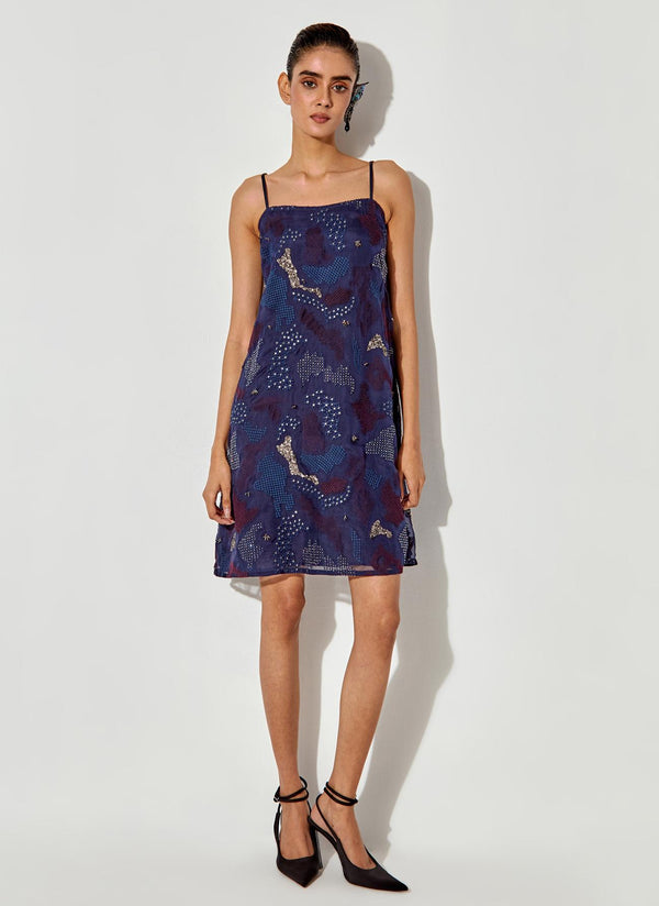 Blue Slip Dress With Embroidery