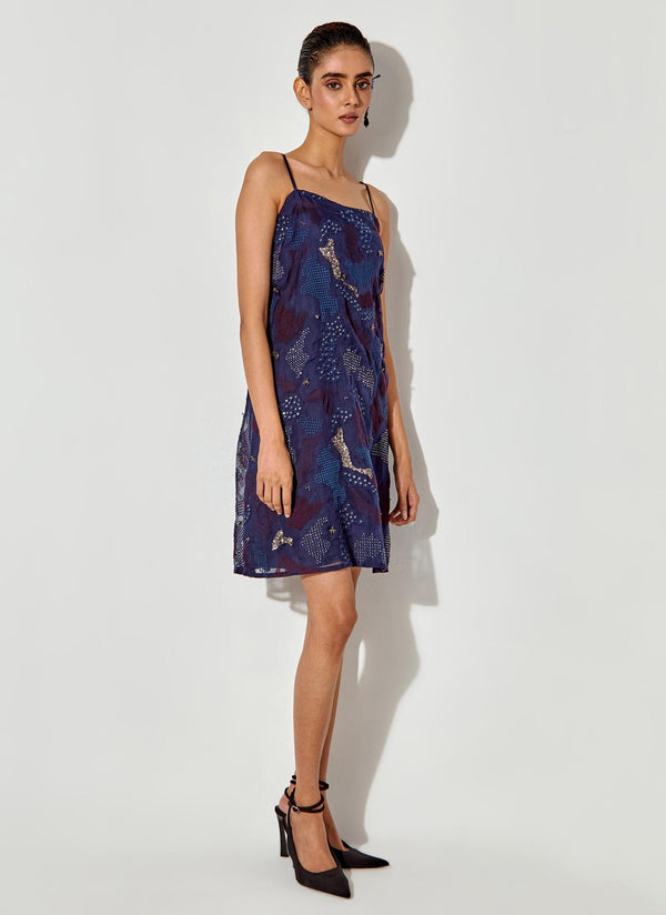 Blue Slip Dress With Embroidery