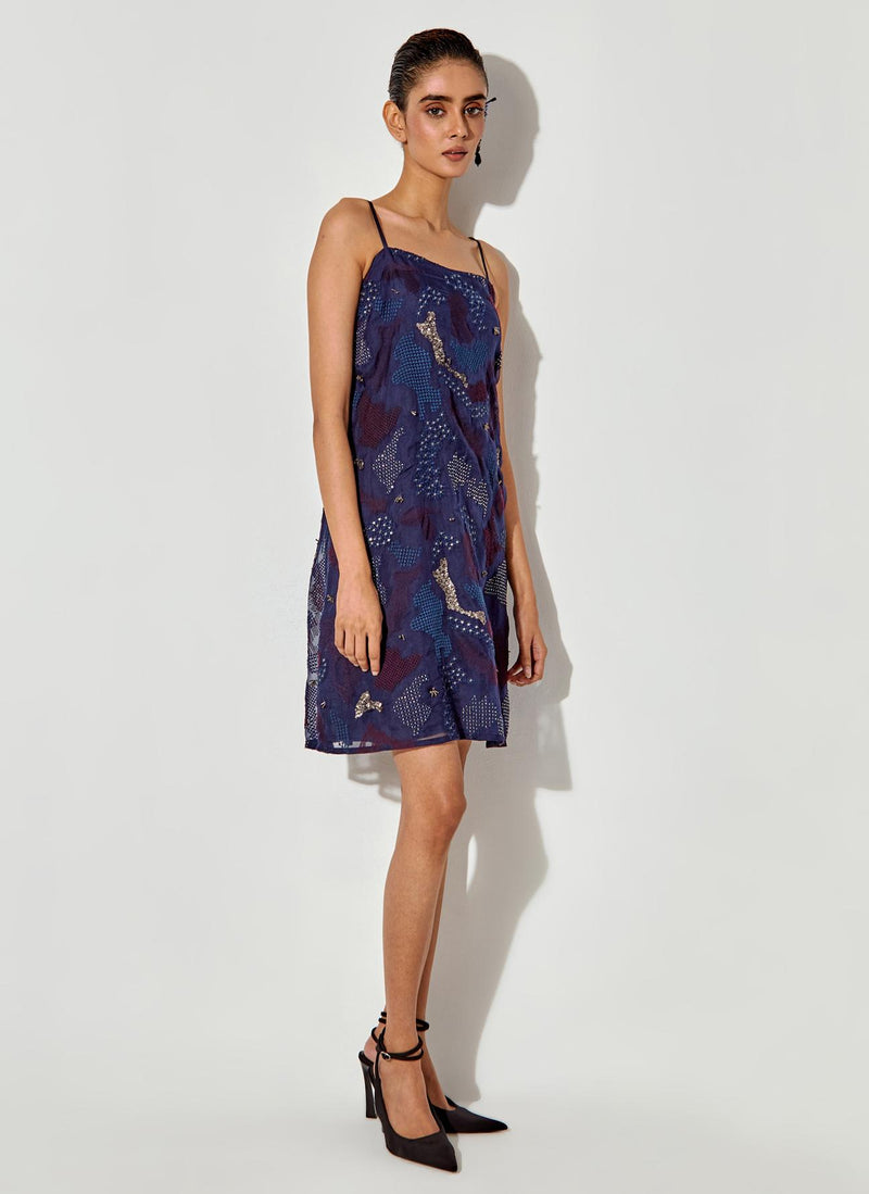 Blue Slip Dress With Embroidery