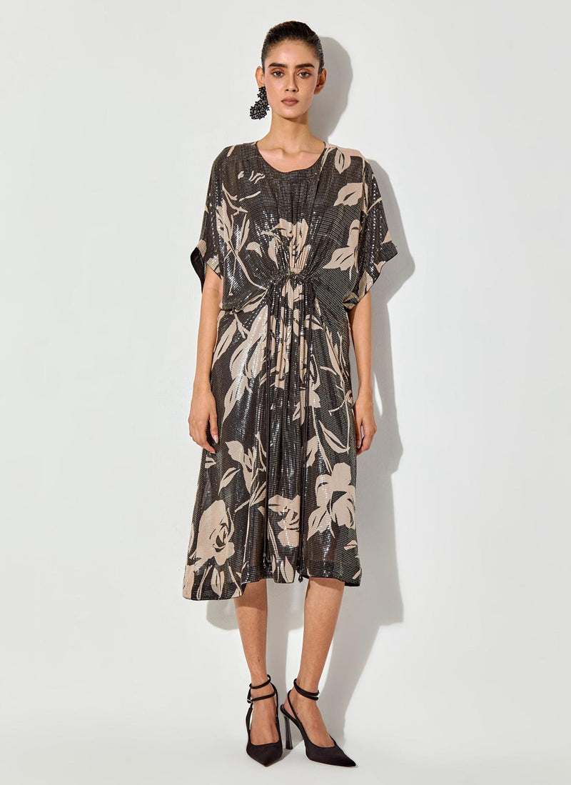 Black Sequin Embroidered And Printed Dress