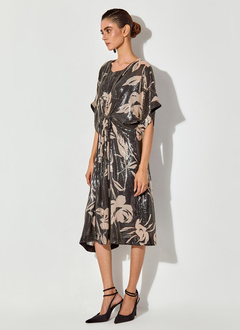 Black Sequin Embroidered And Printed Dress