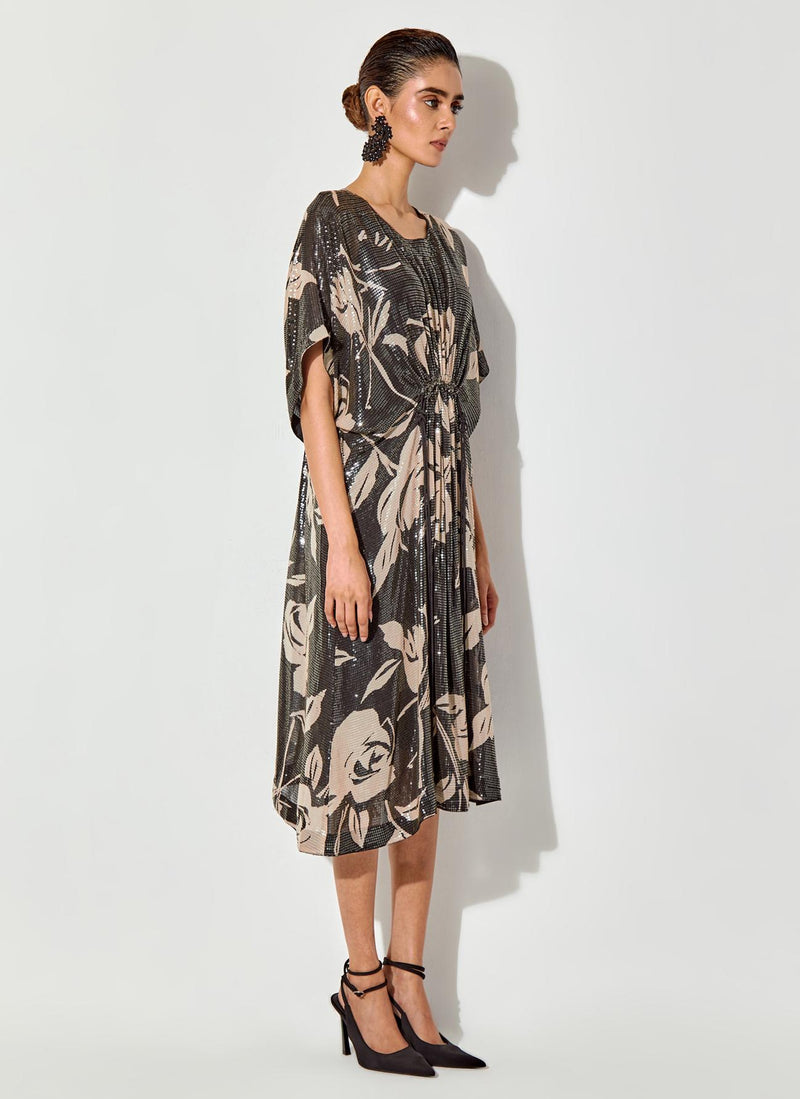 Black Sequin Embroidered And Printed Dress