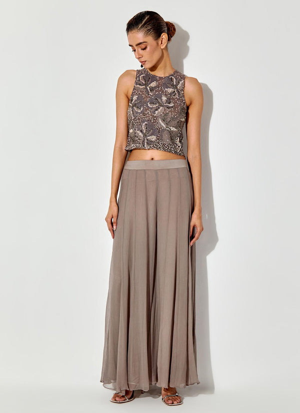 Grey Embroidred Halter Top In Silk Organza Paired With Chiffon Sharara Pants