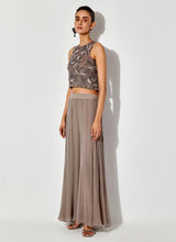 Grey Embroidred Halter Top In Silk Organza Paired With Chiffon Sharara Pants