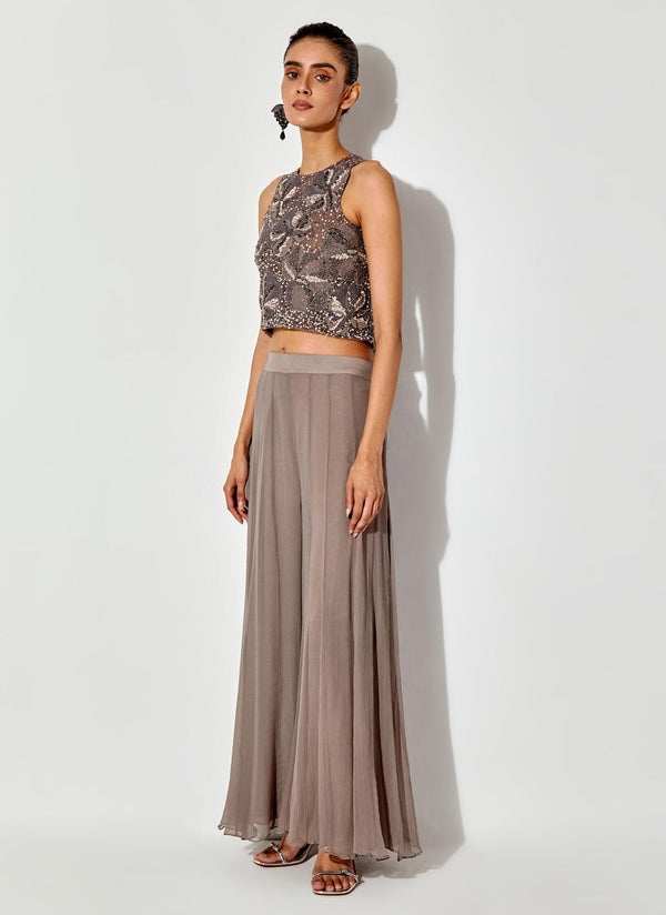 Grey Embroidred Halter Top In Silk Organza Paired With Chiffon Sharara Pants