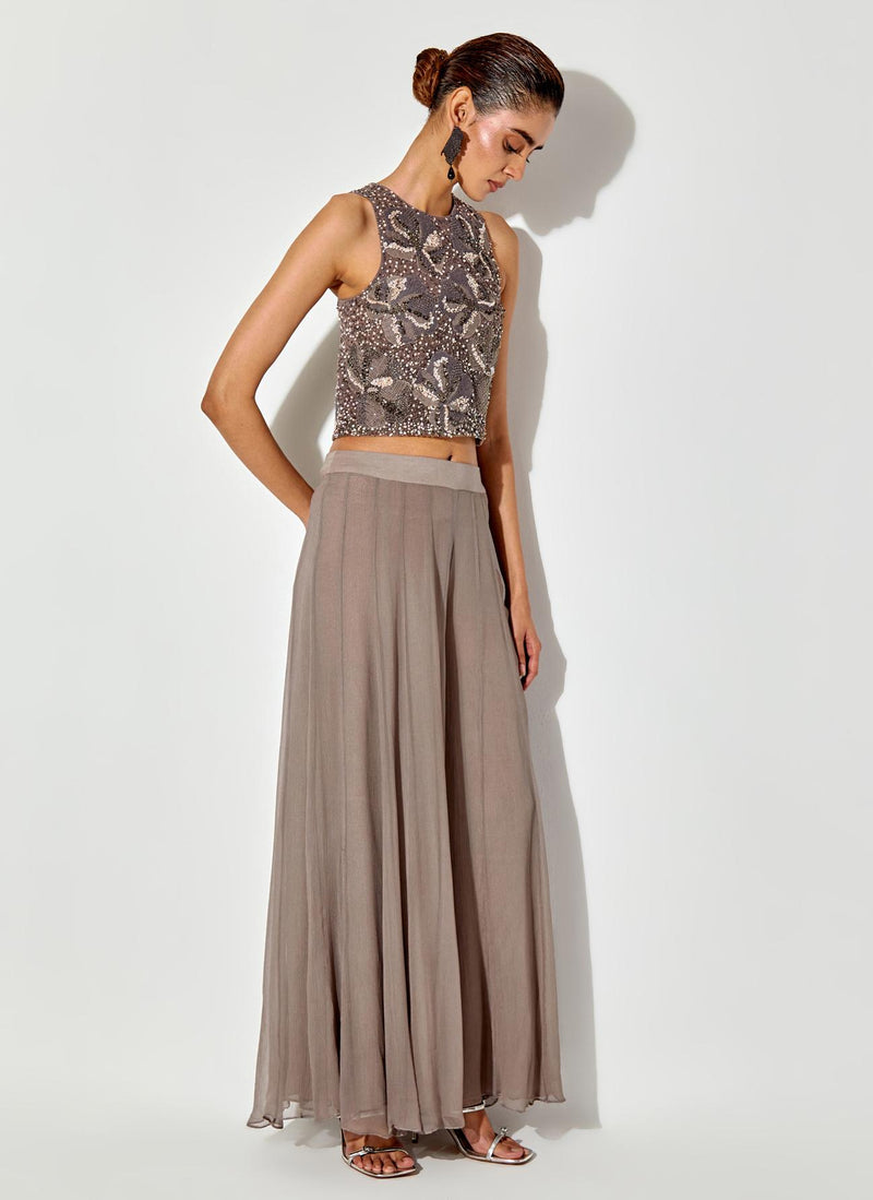 Grey Embroidred Halter Top In Silk Organza Paired With Chiffon Sharara Pants