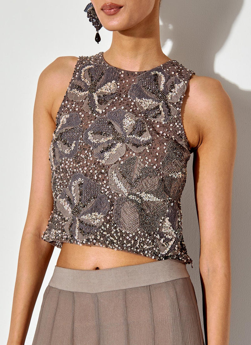 Grey Embroidred Halter Top In Silk Organza Paired With Chiffon Sharara Pants