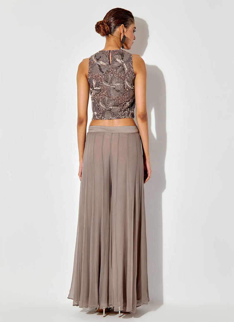 Grey Embroidred Halter Top In Silk Organza Paired With Chiffon Sharara Pants