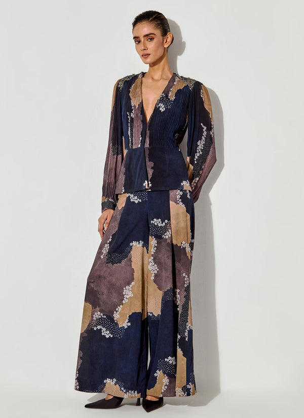 Multicolor Peplum Pleated Jacket With Paired With Crepe Panelled Pants