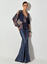 Blue Rouched Peplum Top With Back Yoke Embroidered Detailing Paired With Satin Panelled Dress