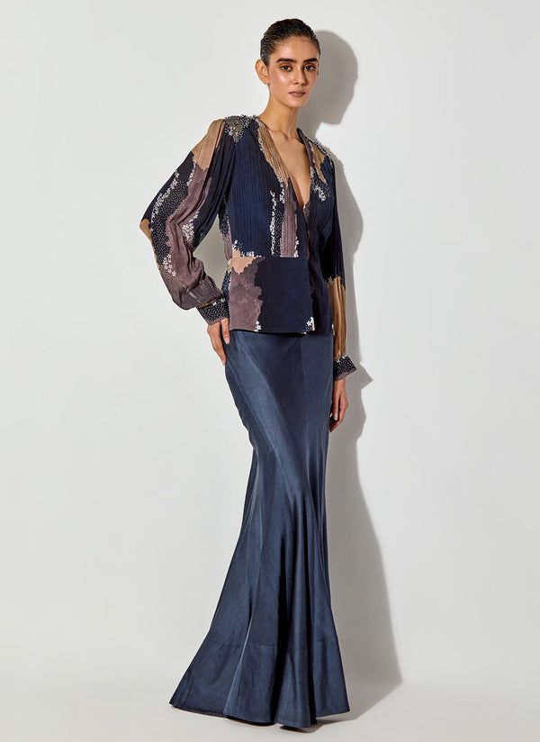 Blue Rouched Peplum Top With Back Yoke Embroidered Detailing Paired With Satin Panelled Dress