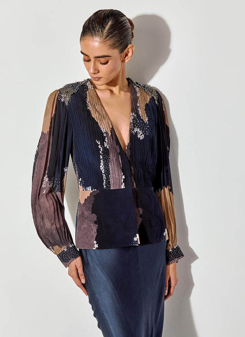 Blue Rouched Peplum Top With Back Yoke Embroidered Detailing Paired With Satin Panelled Dress