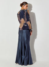 Blue Rouched Peplum Top With Back Yoke Embroidered Detailing Paired With Satin Panelled Dress