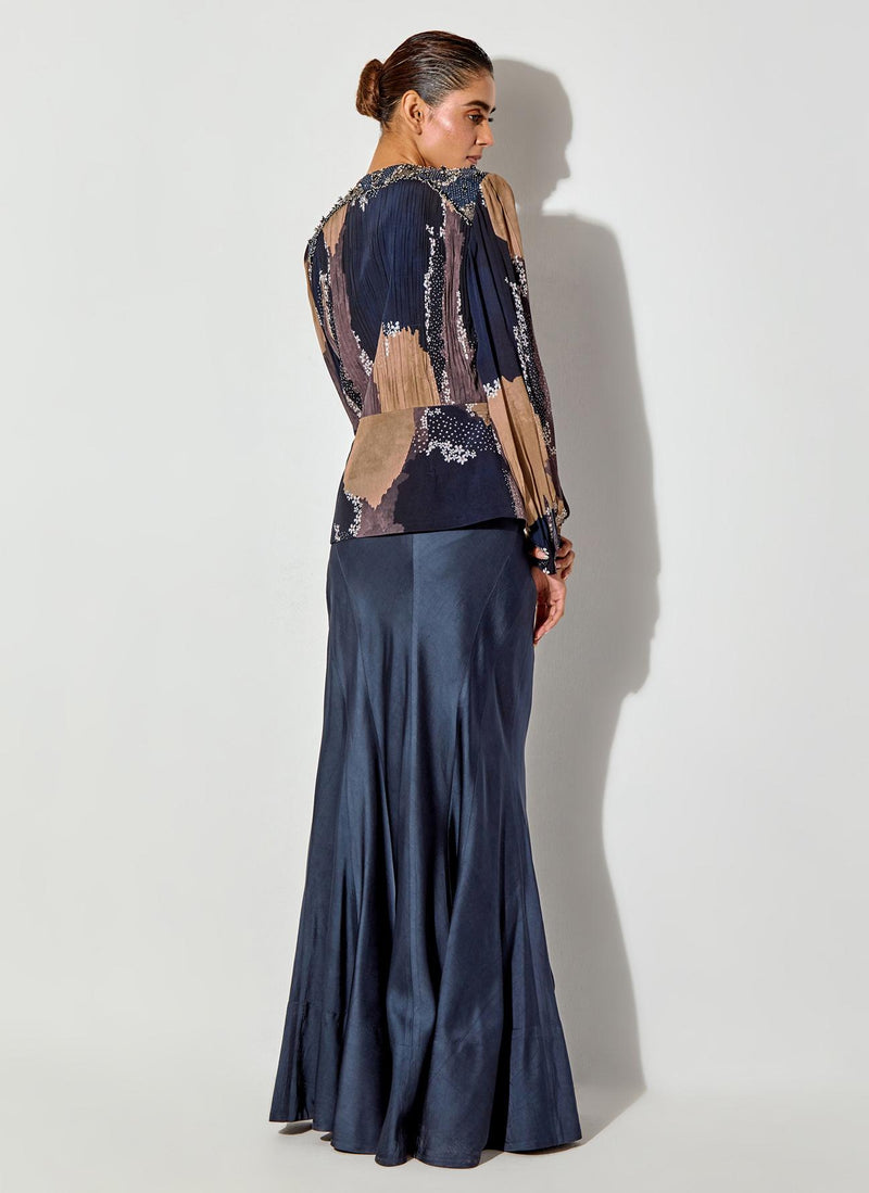 Blue Rouched Peplum Top With Back Yoke Embroidered Detailing Paired With Satin Panelled Dress