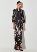 Black Silk Shirt And Fully Embroiderd Organza Gilet Paired With Draped Maxi Skirt With Embroidered Detailing On Waist