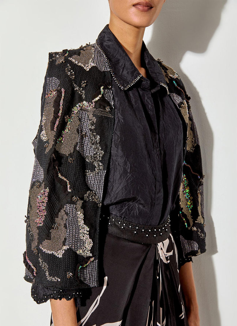 Black Silk Shirt And Fully Embroiderd Organza Gilet Paired With Draped Maxi Skirt With Embroidered Detailing On Waist