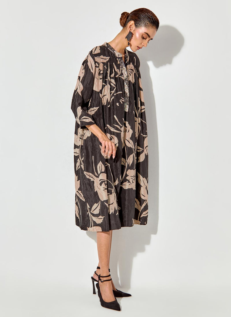 Black Sequin Floral Printed Dress