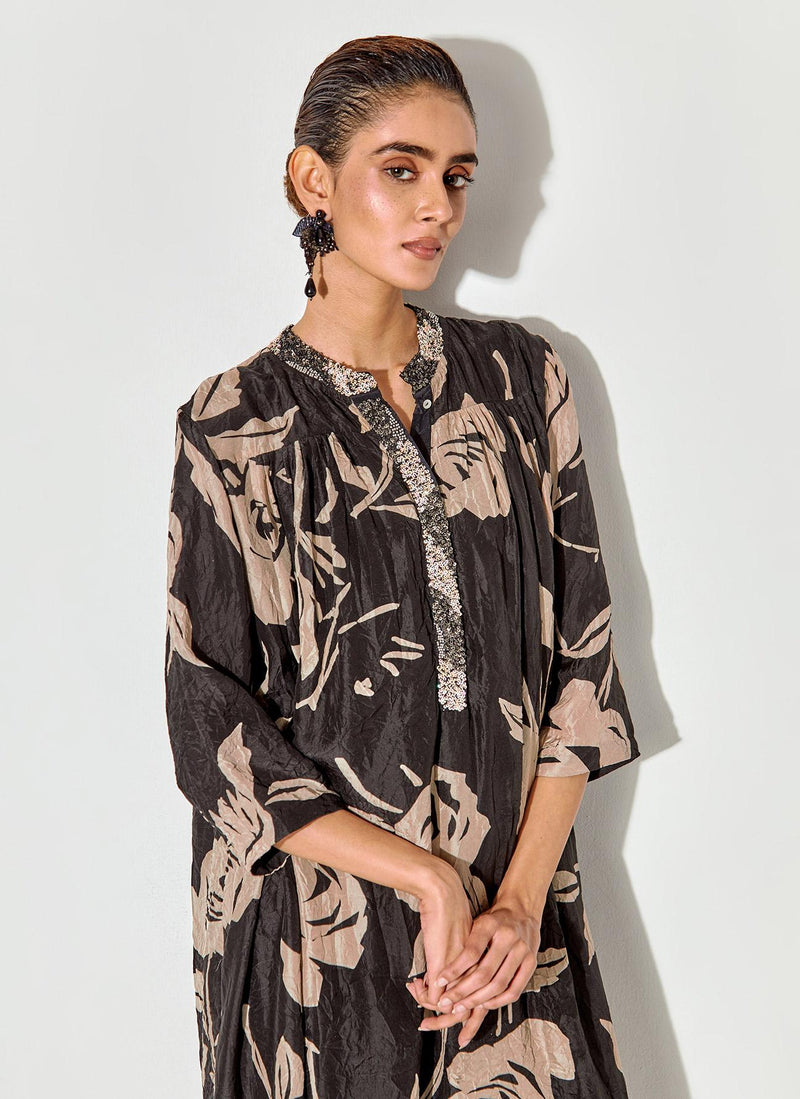 Black Sequin Floral Printed Dress