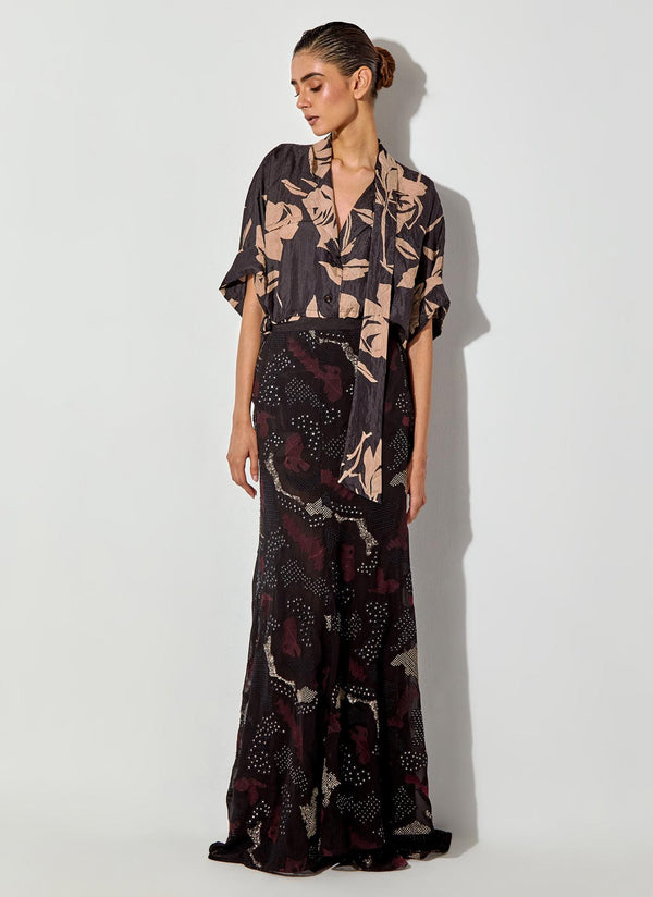 Multicolor Printed Silk Shirt Paired With Embroidered Maxi Skirt